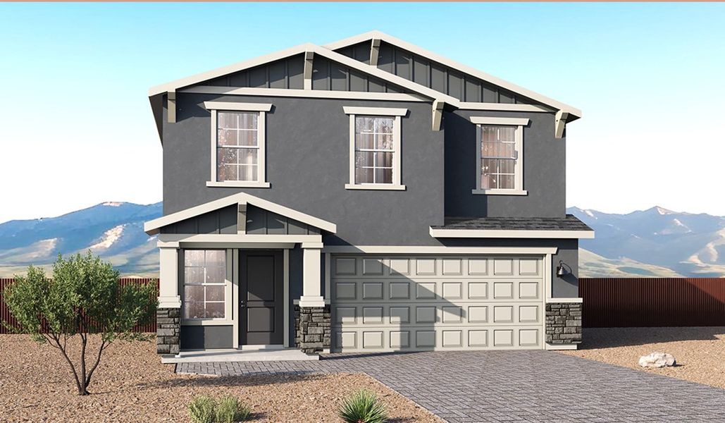 Front exterior of a new home in Redford Estates, Tucson, AZ, highlighting curb appeal (Image 1). Front exterior of a new home in Redford Estates, Tucson, AZ, highlighting curb appeal (Image 1).