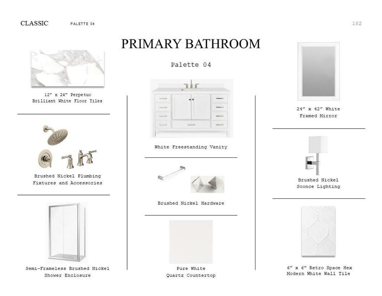 Classic Look Palette 4: Primary Bathroom Selection Sheet (*Artist rendering used for illustration purposes only.) Classic Look Palette 4: Primary Bathroom Selection Sheet (*Artist rendering used for illustration purposes only.)