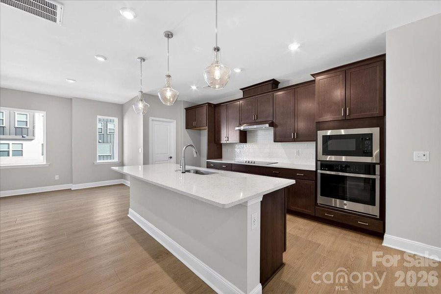 Gourmet Kitchen with dark brown cabinets