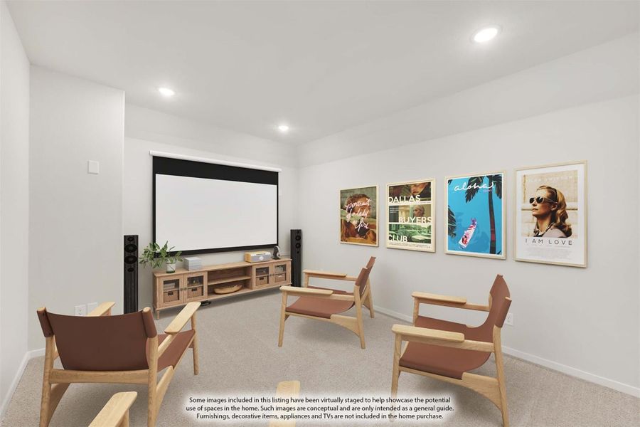 Home theater room with projection screen, wood-framed chairs, and movie posters on white walls Home theater room with projection screen, wood-framed chairs, and movie posters on white walls