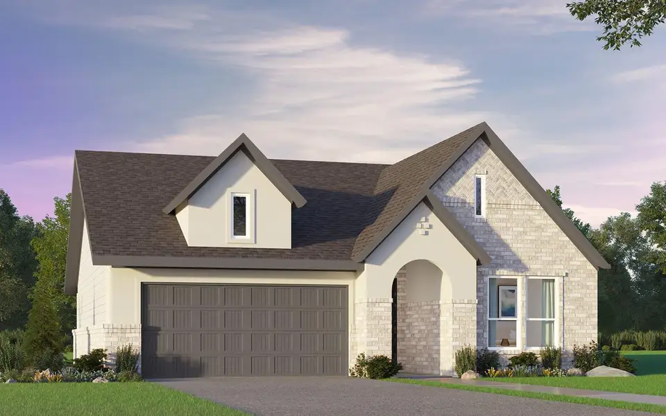 View of front facade featuring a shingled roof, aphalt driveway, stucco siding, and stone siding