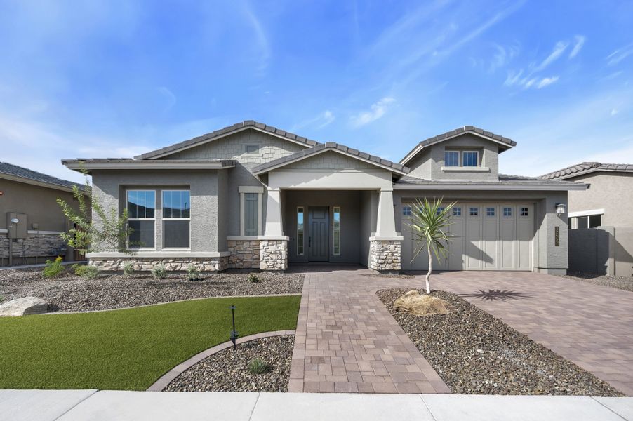 Front exterior of a new home in Meridian at Northpointe at Vistancia, Peoria, AZ, highlighting curb appeal (Image 1). Front exterior of a new home in Meridian at Northpointe at Vistancia, Peoria, AZ, highlighting curb appeal (Image 1).