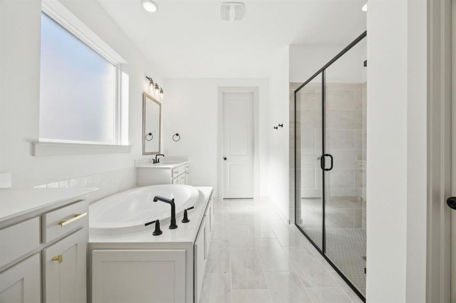 Whether it's soaking your cares away or indulging in a long, luxurious shower, this owner's bath has it all! Whether it's soaking your cares away or indulging in a long, luxurious shower, this owner's bath has it all!