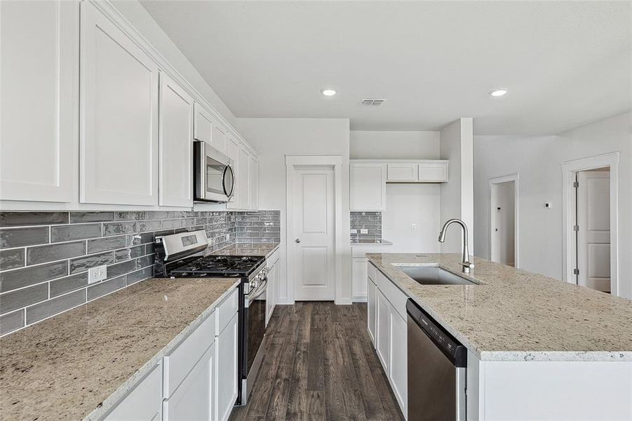 Kitchen featuring dark wood-type flooring, a kitchen island with sink, light stone countertops, sink, and stainless steel appliances