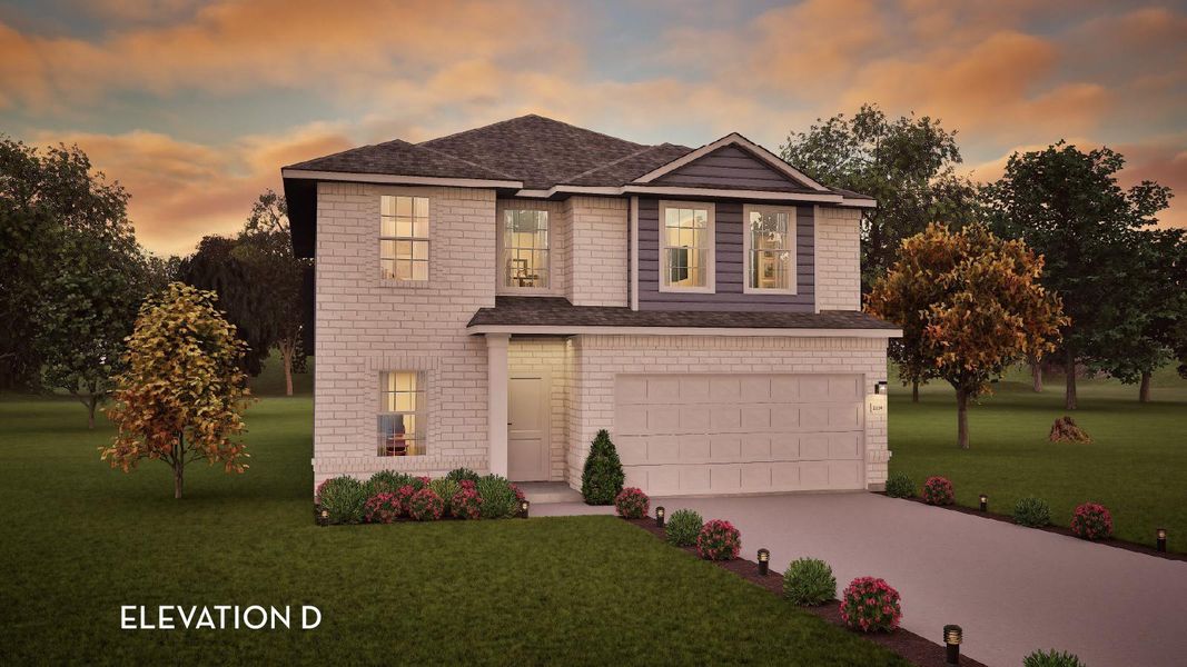 Front exterior of a new home in Emberly, Beasley, TX, highlighting curb appeal (Image 1).