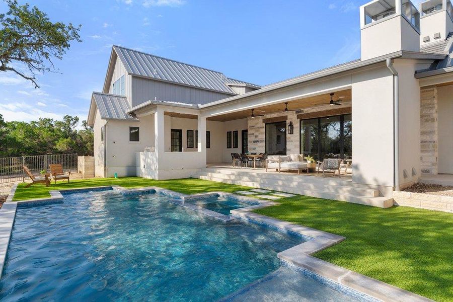 Pool views framed by covered patios and Hill Country skies. Pool views framed by covered patios and Hill Country skies.