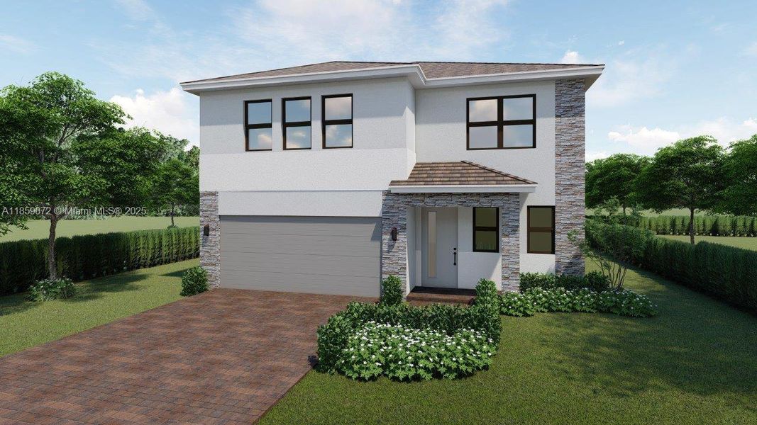 Front exterior of a new home in Parker Pointe, Homestead, FL, highlighting curb appeal (Image 1). Front exterior of a new home in Parker Pointe, Homestead, FL, highlighting curb appeal (Image 1).