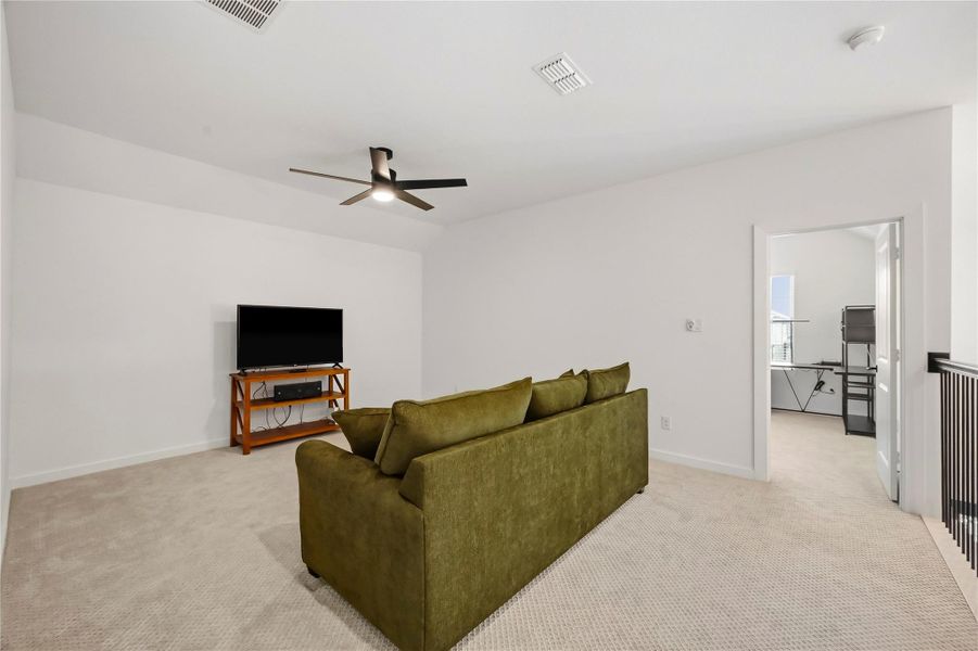 The spacious game room features plush carpet, an elegant tray ceiling and a ceiling fan with integrated lighting, creating a comfortable and inviting setting for recreation or relaxation. The spacious game room features plush carpet, an elegant tray ceiling and a ceiling fan with integrated lighting, creating a comfortable and inviting setting for recreation or relaxation.