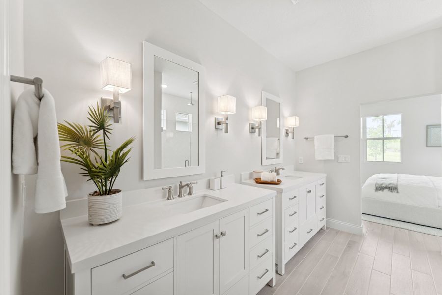 Primary bath with dual freestanding vanities