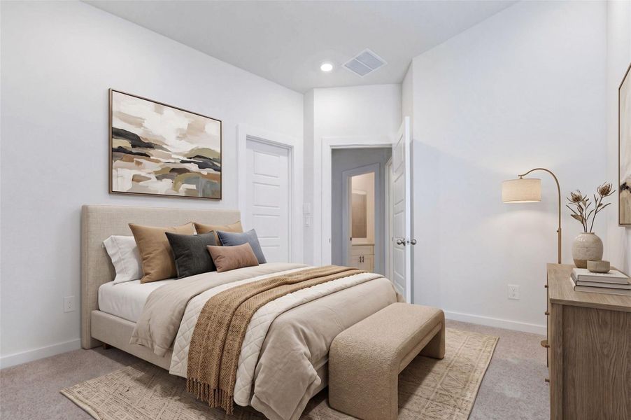 Another bedroom view highlights the tall ceiling, soft carpet, clean white walls, and convenient door access to nearby spaces. The room offers a flexible layout with plenty of wall space, making it easy to arrange as a bedroom, office, playroom, or additional living space. This photo has been virtually staged for visual reference. Another bedroom view highlights the tall ceiling, soft carpet, clean white walls, and convenient door access to nearby spaces. The room offers a flexible layout with plenty of wall space, making it easy to arrange as a bedroom, office, playroom, or additional living space. This photo has been virtually staged for visual reference.