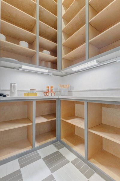 A spacious walk-in pantry provides abundant storage with custom shelving, task lighting, and expansive counters for small appliances.