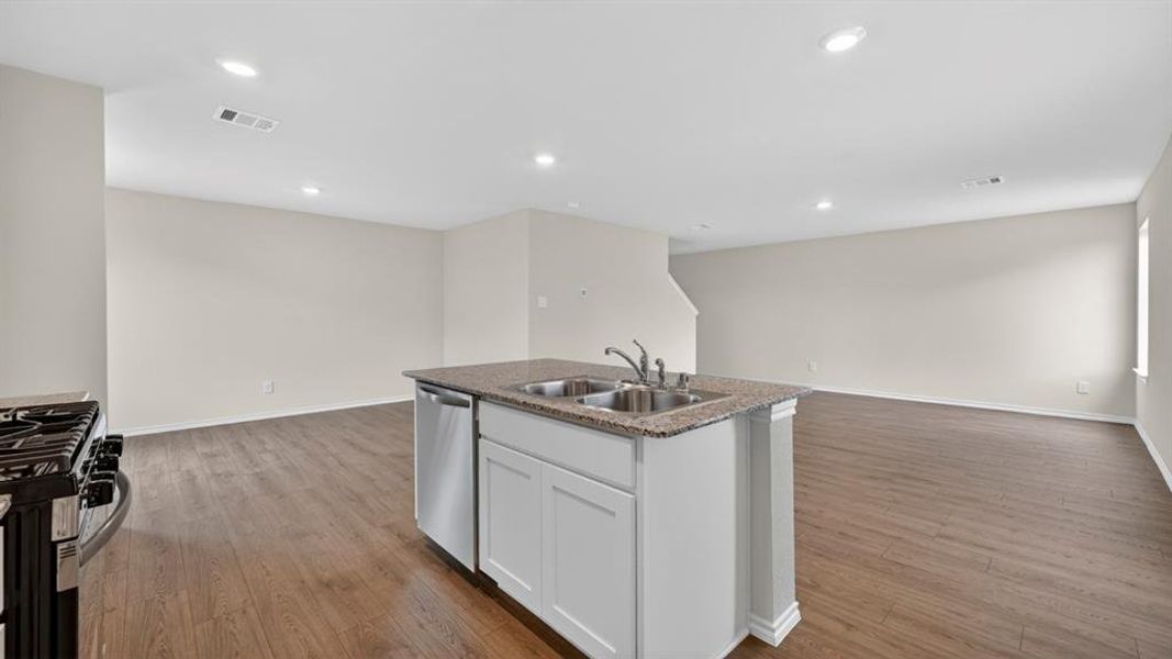 Kitchen island featuring a double-basin sink and stainless steel dishwasher