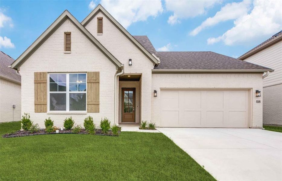 View of front of home featuring brick siding, concrete driveway, an attached garage, roof with shingles, and a front lawn