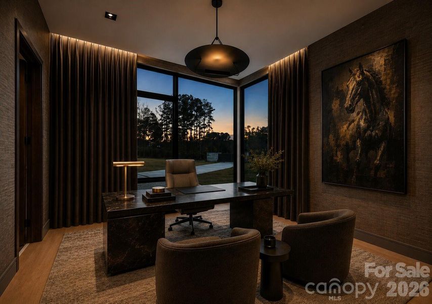 Main-level office or additional bedroom. Disclosure: This image has been digitally enhanced with AI-generated virtual staging and does not reflect the property's actual condition. Main-level office or additional bedroom. Disclosure: This image has been digitally enhanced with AI-generated virtual staging and does not reflect the property's actual condition.