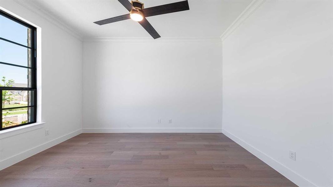 Unfurnished room featuring plenty of natural light, crown molding, a ceiling fan, and wood finished floors