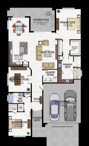 2D floor plan layout for the Camelia by GL Homes in Valencia Ridge (55+), Wesley Chapel, FL (Image 5).