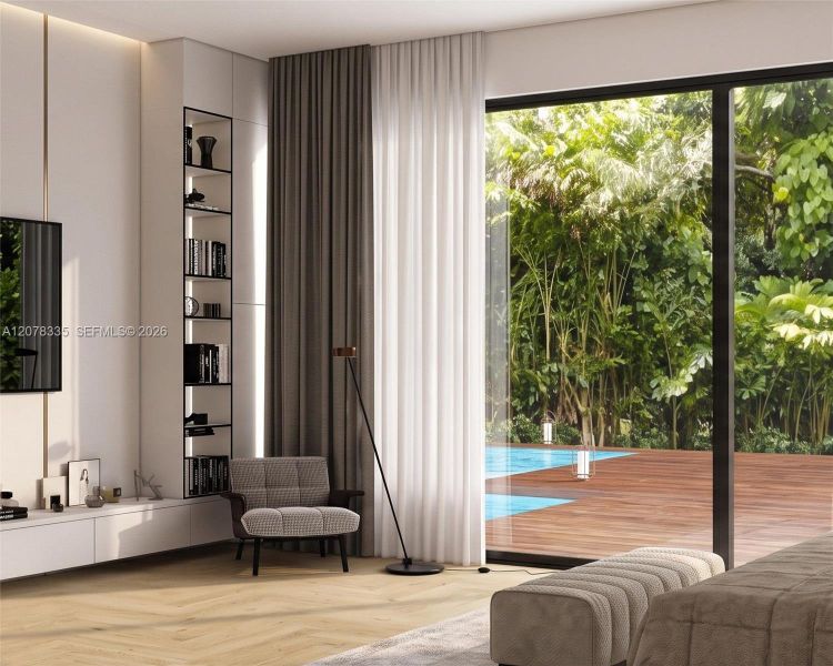 Sunlit family room with floor-to-ceiling sliding glass doors opening to the resort-style pool.