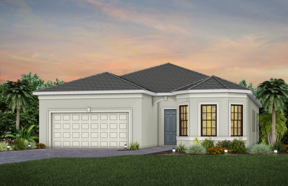 Front exterior of a new home in Del Webb Catalina, Lakewood Ranch, FL, highlighting curb appeal (Image 2). Front exterior of a new home in Del Webb Catalina, Lakewood Ranch, FL, highlighting curb appeal (Image 2).