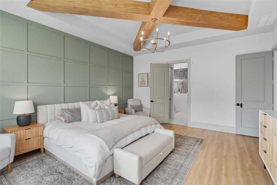 Primary bedroom view from back corner. Beautiful accent wall included. Primary bedroom view from back corner. Beautiful accent wall included.