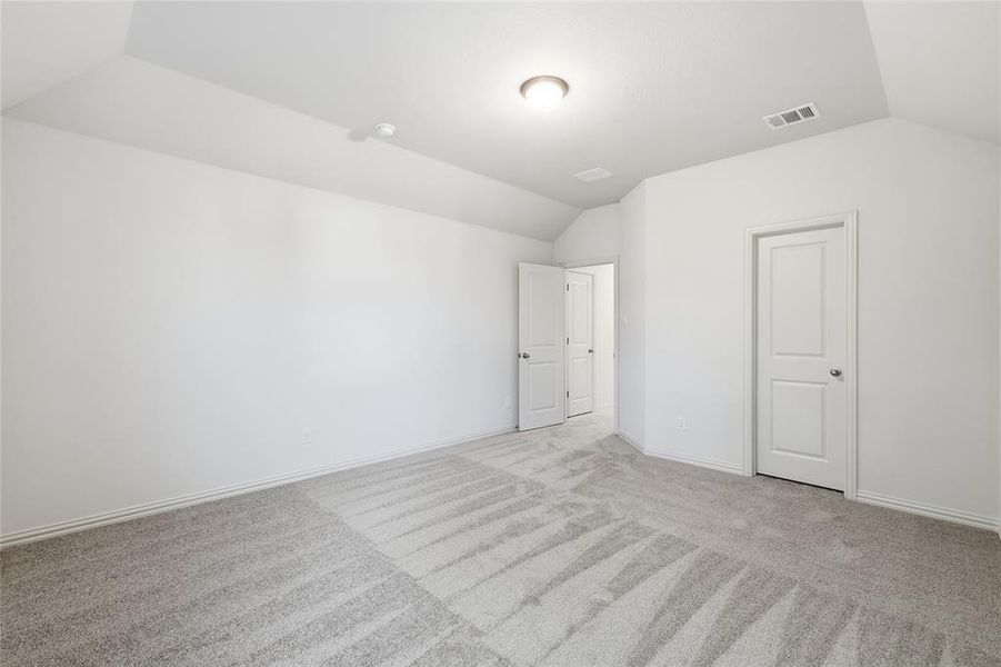 Unfurnished bedroom with lofted ceiling and carpet floors
