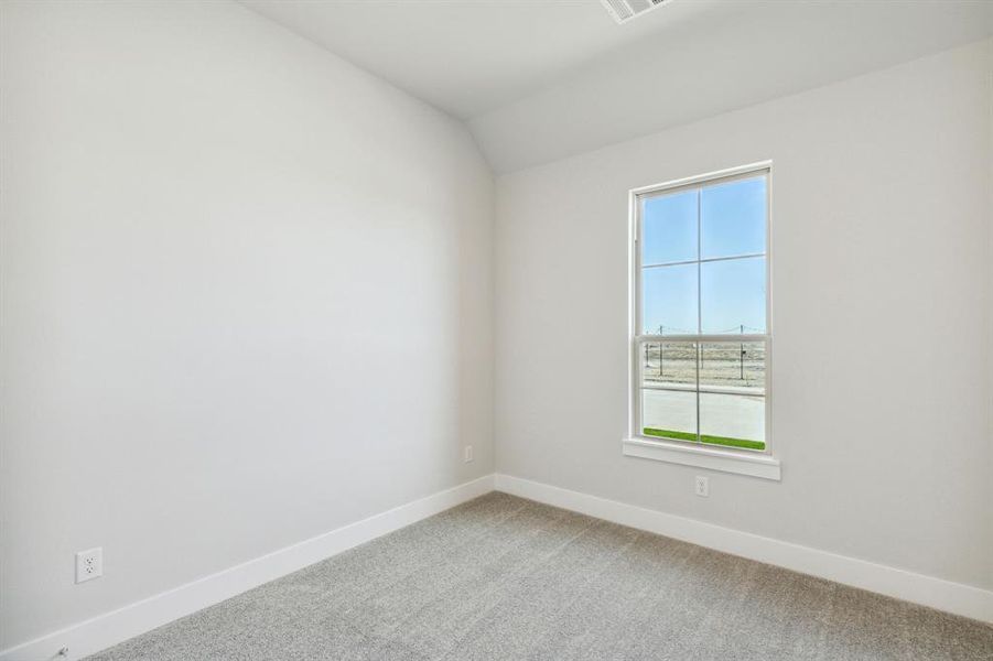 Spare room featuring carpet and vaulted ceiling