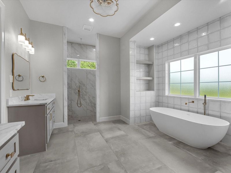 Spa-inspired primary bath featuring soaking tub, walk-in shower, and elegant finishes.