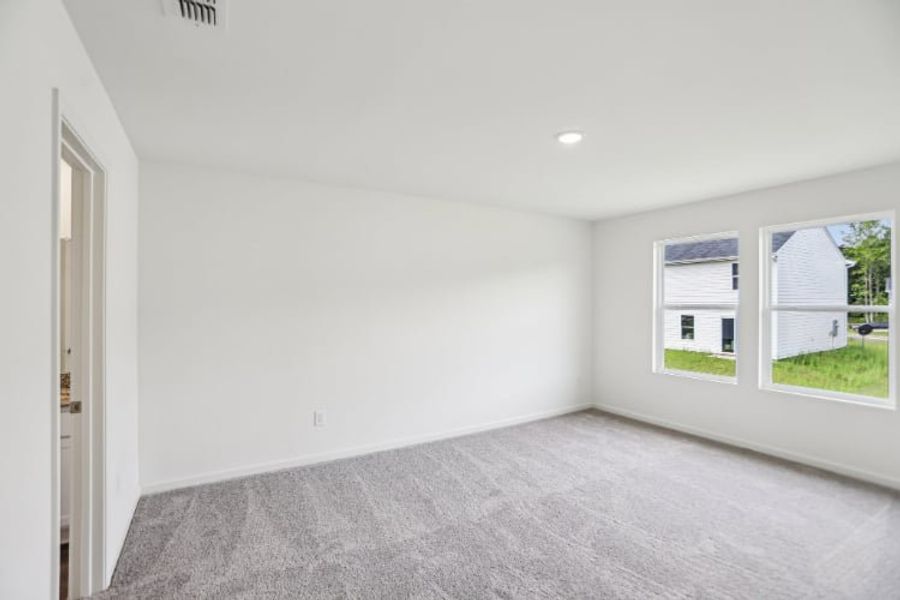 A room with a carpet and windows.