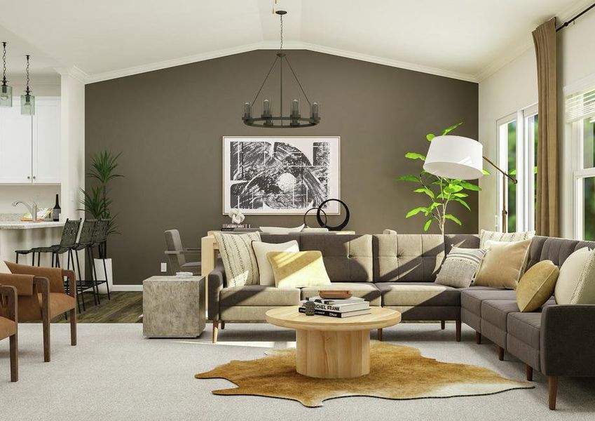 Rendering of the family room featuring a
  large sectional, accent chairs, coffee table, and a view of the kitchen in
  the background.