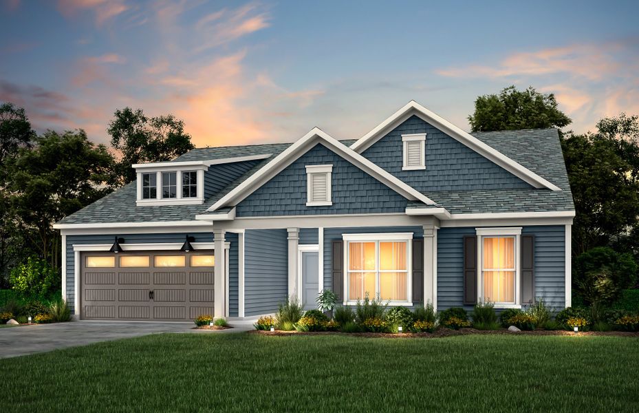 Amberwood Exterior 53 features siding, shakes, covered front sitting porch and 2 car garage