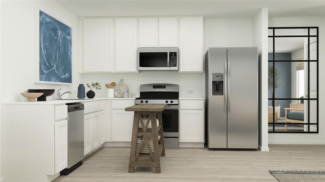 Kitchen featuring light hardwood / wood-style floors, white cabinetry, and stainless steel appliances