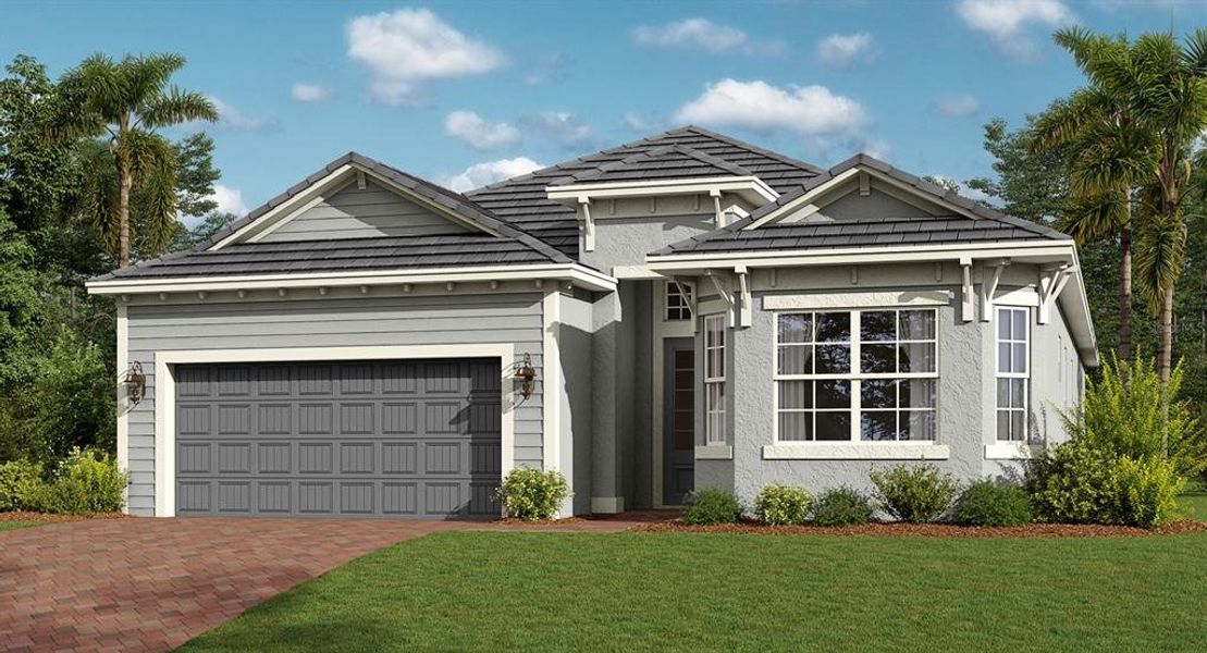 Front exterior of a new home in Wellen Park Golf & Country Club: Executive Homes, Venice, FL, highlighting curb appeal (Image 1). Front exterior of a new home in Wellen Park Golf & Country Club: Executive Homes, Venice, FL, highlighting curb appeal (Image 1).