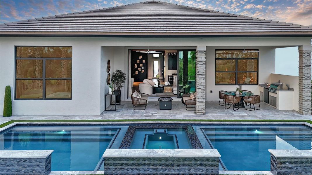 Exterior details and patio area of a home in L'Ambiance at Avenir, Palm Beach Gardens (Image 3).