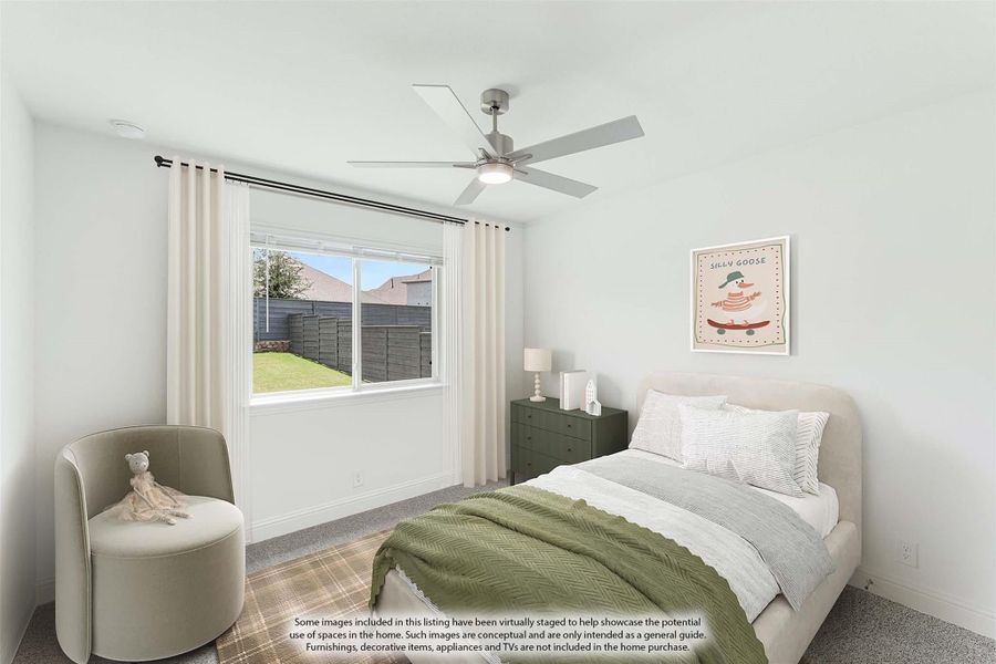 Bedroom with ceiling fan, large window, carpet flooring, and neutral walls with decorative wall art Bedroom with ceiling fan, large window, carpet flooring, and neutral walls with decorative wall art