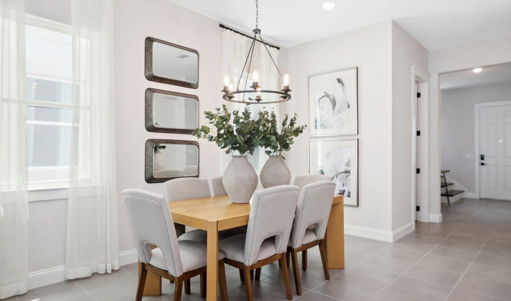 Dining area with chic chandelier