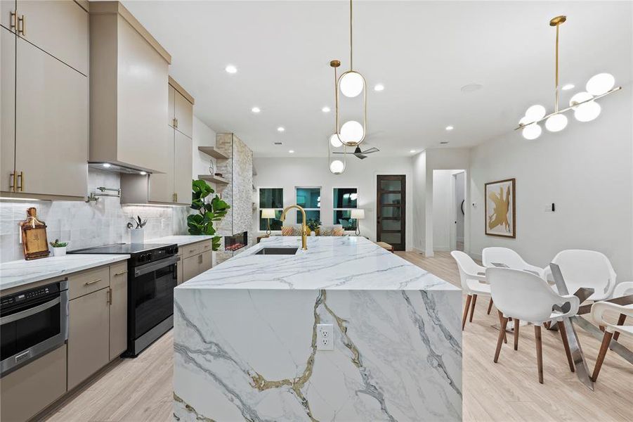 Kitchen featuring hanging light fixtures, sink, a center island with sink, and electric range