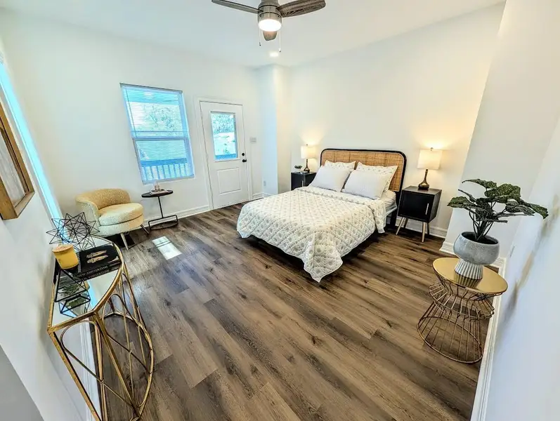 The expansive 22' x 14' (approx.) primary suite features direct access to a 40 sq ft (approx.) balcony. The layout easily accommodates a king-size bed and a dedicated hybrid-work station.