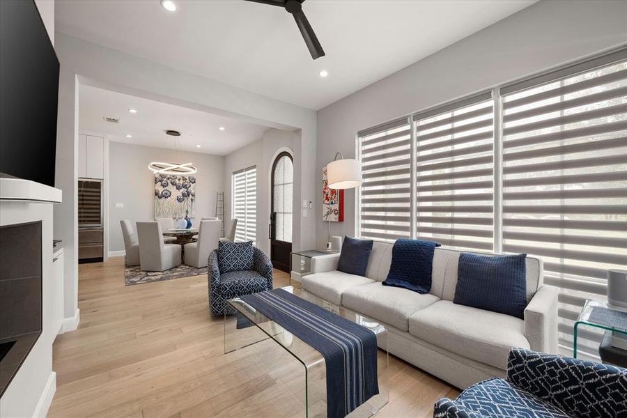 Living room with electric shades Living room with electric shades