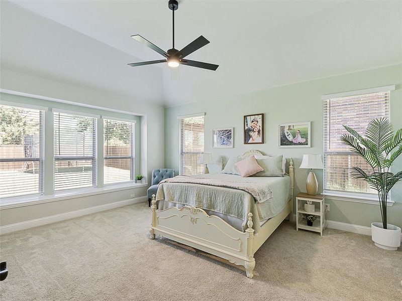 Master Suite featuring multiple windows, light colored carpet, and ceiling fan