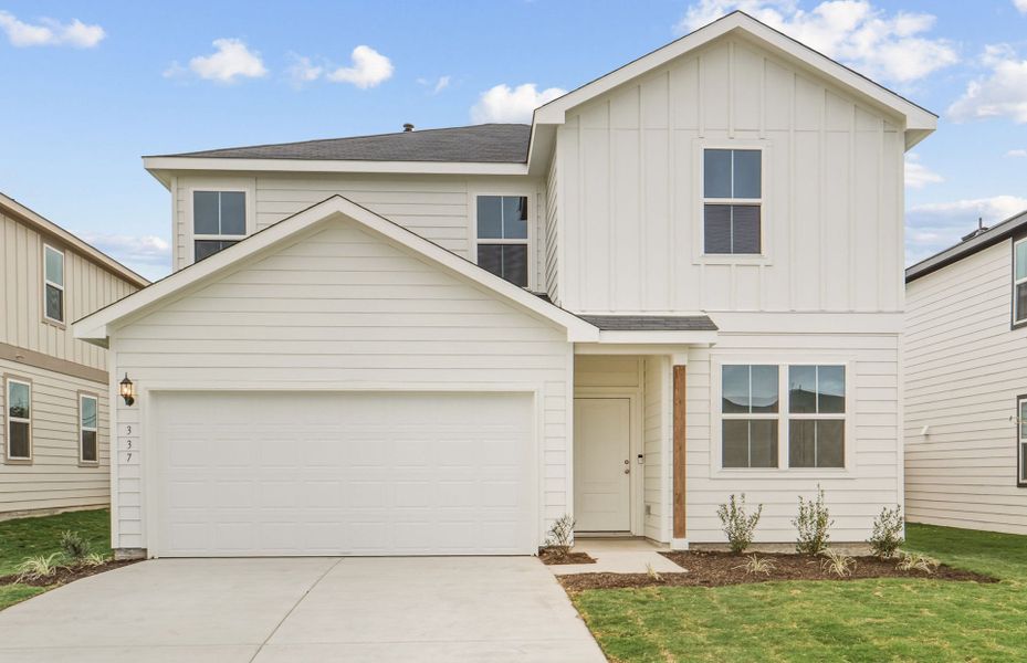 Front exterior of a new home in Larson Crossing, Elgin, TX, highlighting curb appeal (Image 18).