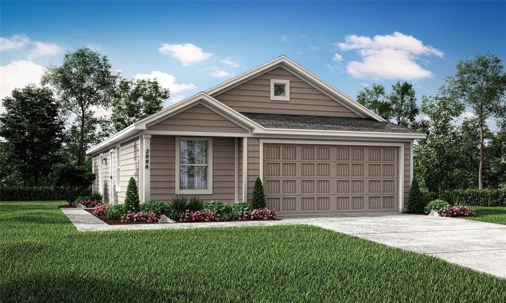 View of front facade with a front lawn and a garage