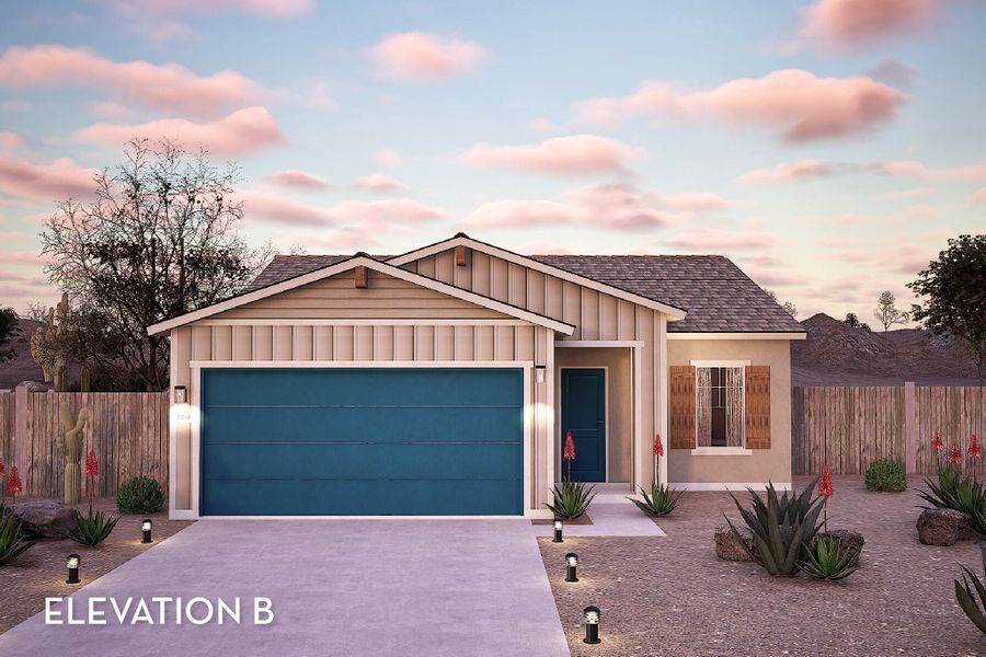 Representative exterior photo of a completed home built from the Leon by CastleRock Communities in Hayden Estates, Buckeye, AZ (Image 2). Representative exterior photo of a completed home built from the Leon by CastleRock Communities in Hayden Estates, Buckeye, AZ (Image 2).