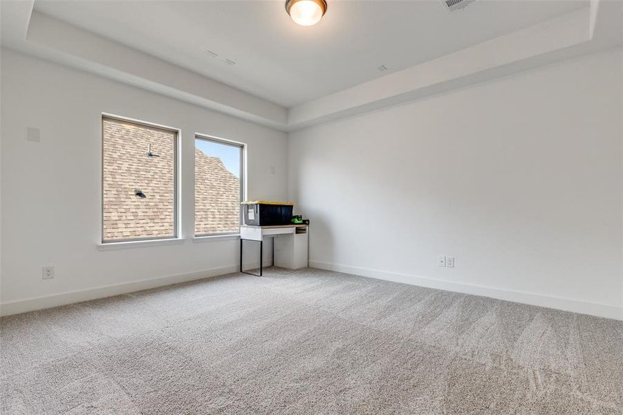 Carpeted spare room with a tray ceiling and baseboards