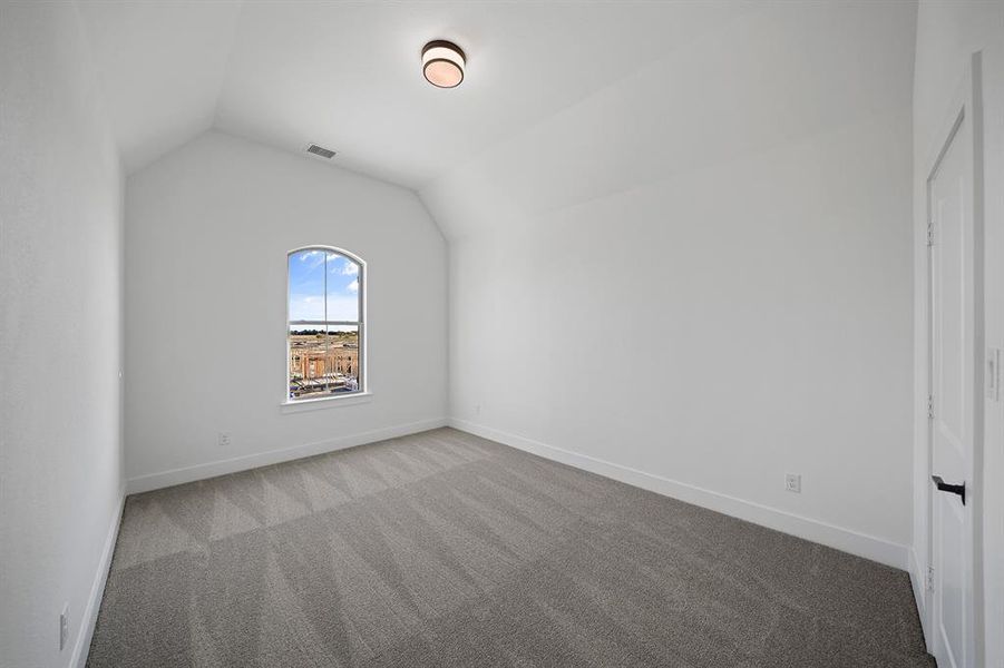 Additional living space featuring vaulted ceiling and carpet flooring