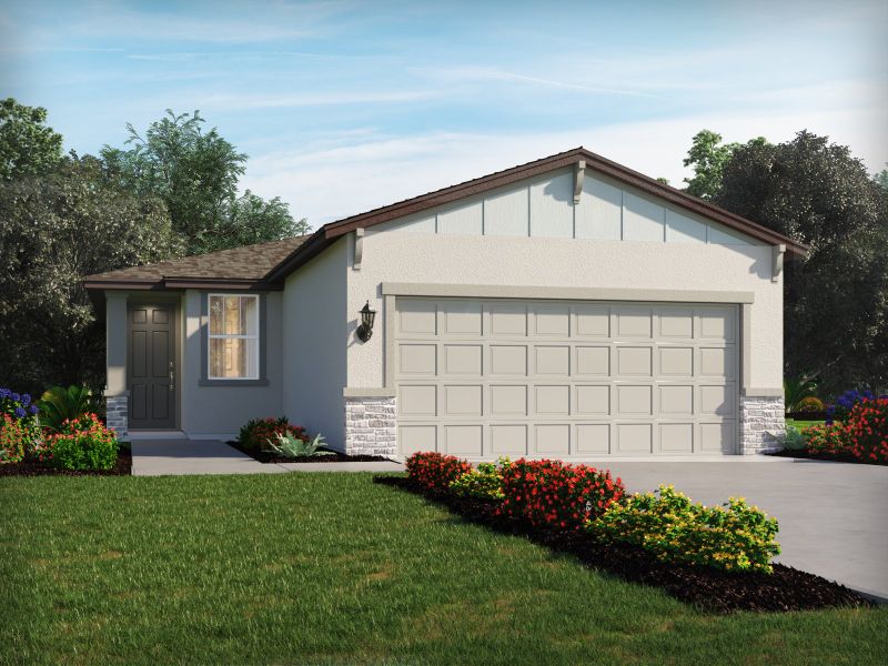 Front exterior of a new home in The Grove at Stuart Crossing - Premier Series, Bartow, FL, highlighting curb appeal (Image 1). Front exterior of a new home in The Grove at Stuart Crossing - Premier Series, Bartow, FL, highlighting curb appeal (Image 1).