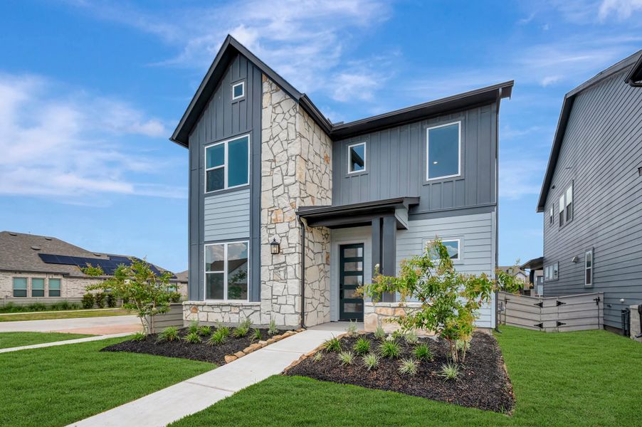 Front exterior of a new home in Pomona - Grove Row Collection, Manvel, TX, highlighting curb appeal (Image 19).