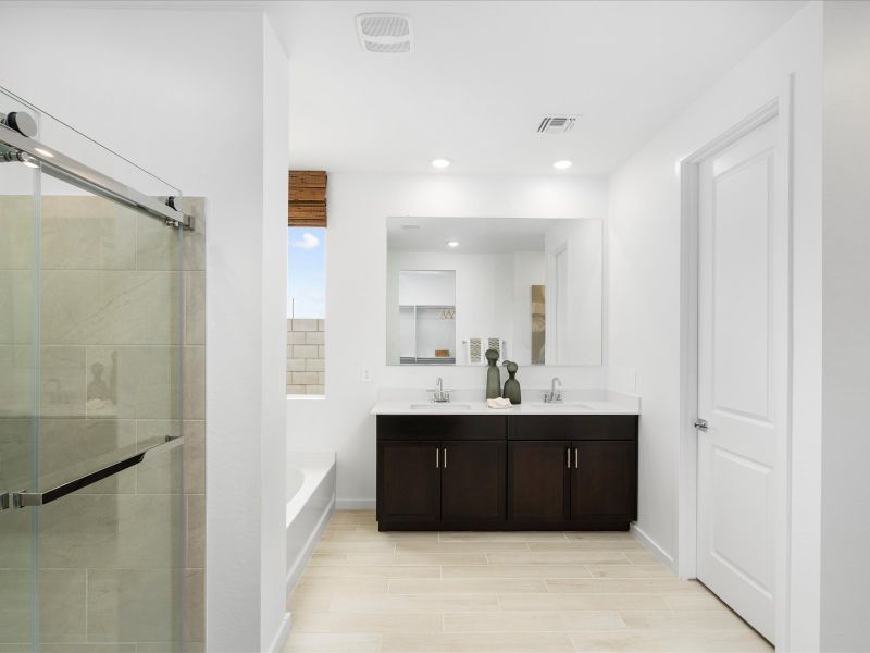 Primary Bathroom of the Lark Floorplan modeled at Mesquite Mountain Ranch