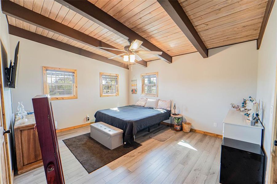 Spacious primary suite with natural light- ceiling fan, light wood-style floors, and a wood ceiling with exposed beams Spacious primary suite with natural light- ceiling fan, light wood-style floors, and a wood ceiling with exposed beams