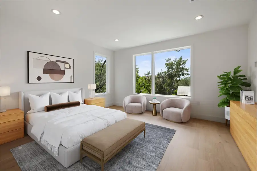 Bedroom with recessed lighting and light wood-style floors Bedroom with recessed lighting and light wood-style floors