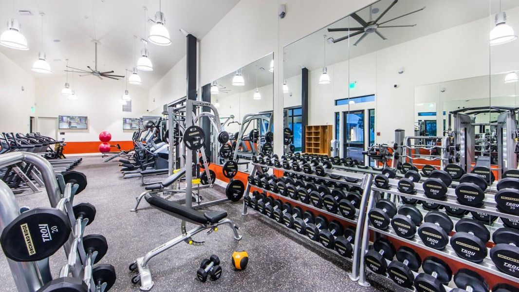Exercise room with ceiling fan and a towering ceiling Exercise room with ceiling fan and a towering ceiling