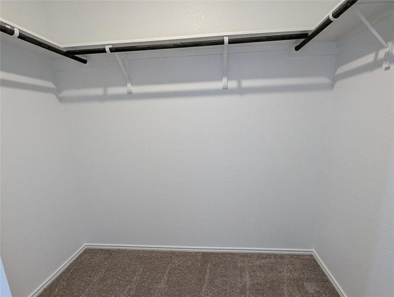 Ample hanging space and carpeted floors define this convenient walk-in closet.
